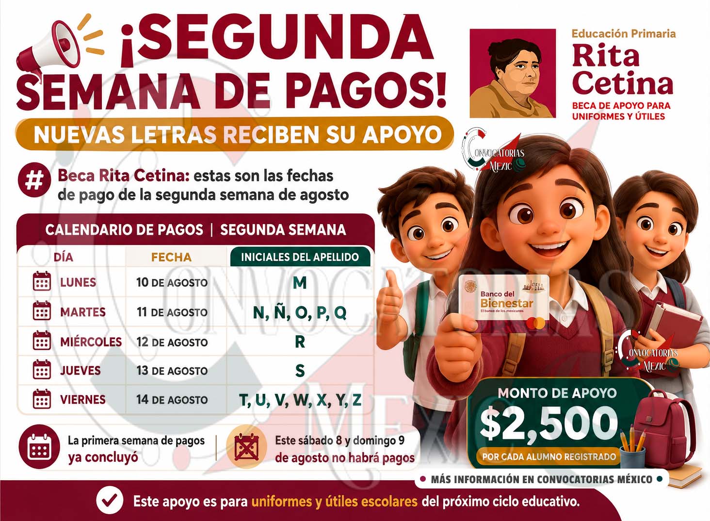 Beca Rita Cetina: segunda semana de pagos comienza este lunes 10 de agosto | Así se dispersarán los pagos finales