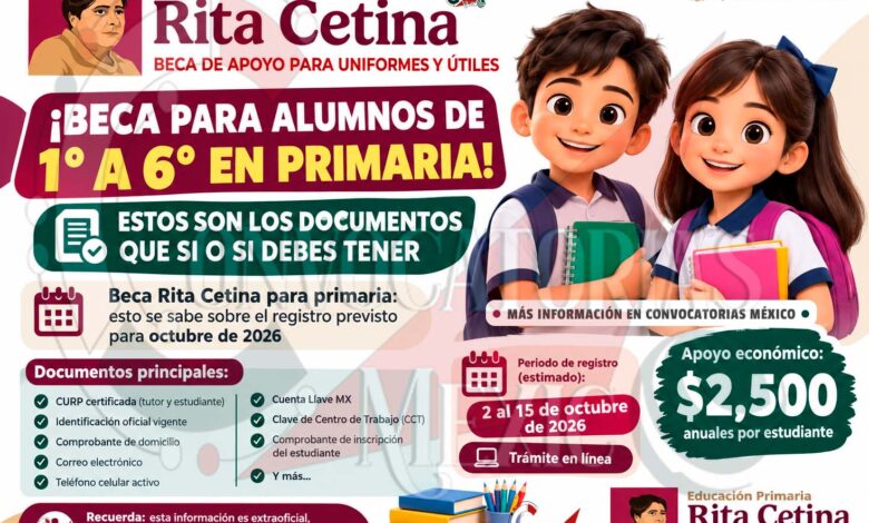 Beca Rita Cetina para primaria: esto se sabe sobre el registro previsto para octubre de 2026