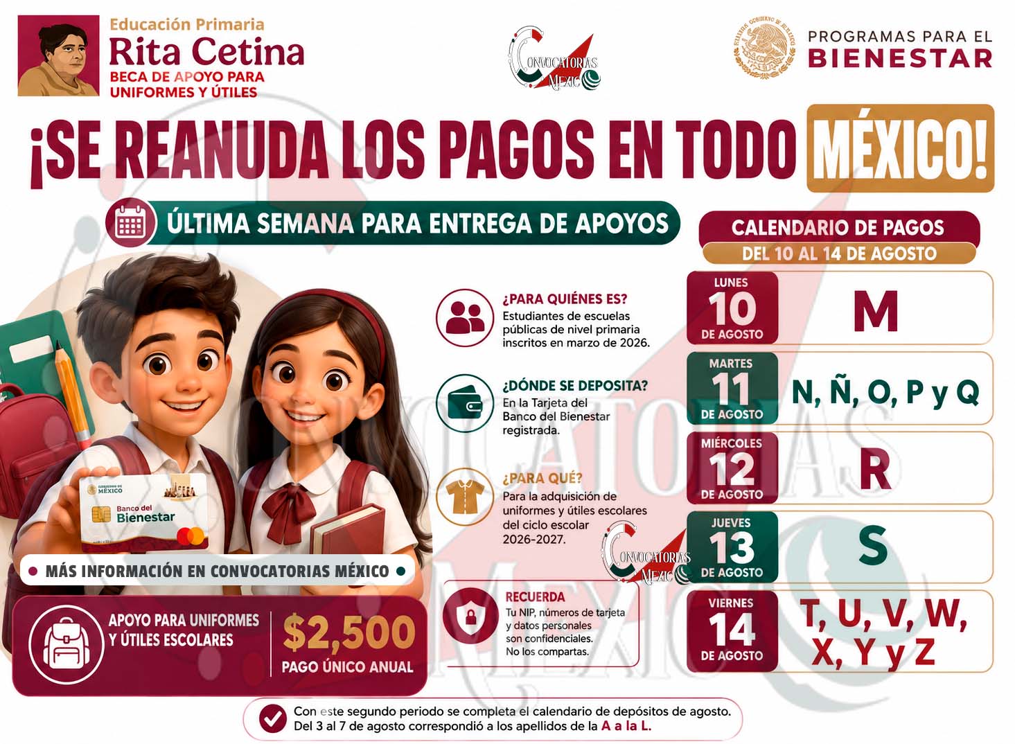 Beca Rita Cetina: conoce quiénes reciben los 2,500 pesos esta semana | Calendario alfabético del 10 al 14 de AGOSTO