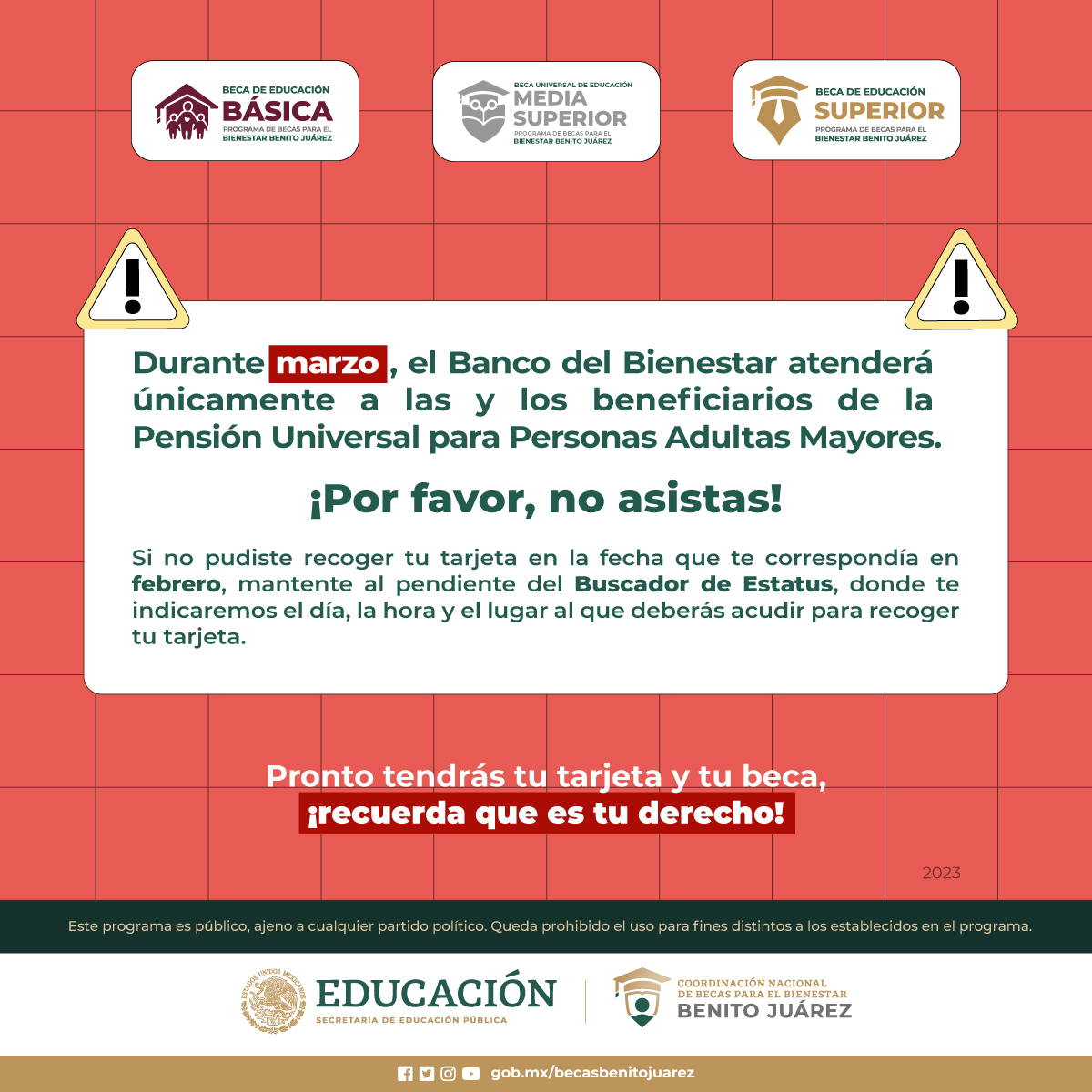 🚨𝗔𝗩𝗜𝗦𝗢 𝗜𝗠𝗣𝗢𝗥𝗧𝗔𝗡𝗧𝗘🚨 para todos los niveles que reciben la Beca Benito Juárez: Reprogramación para alumnos 