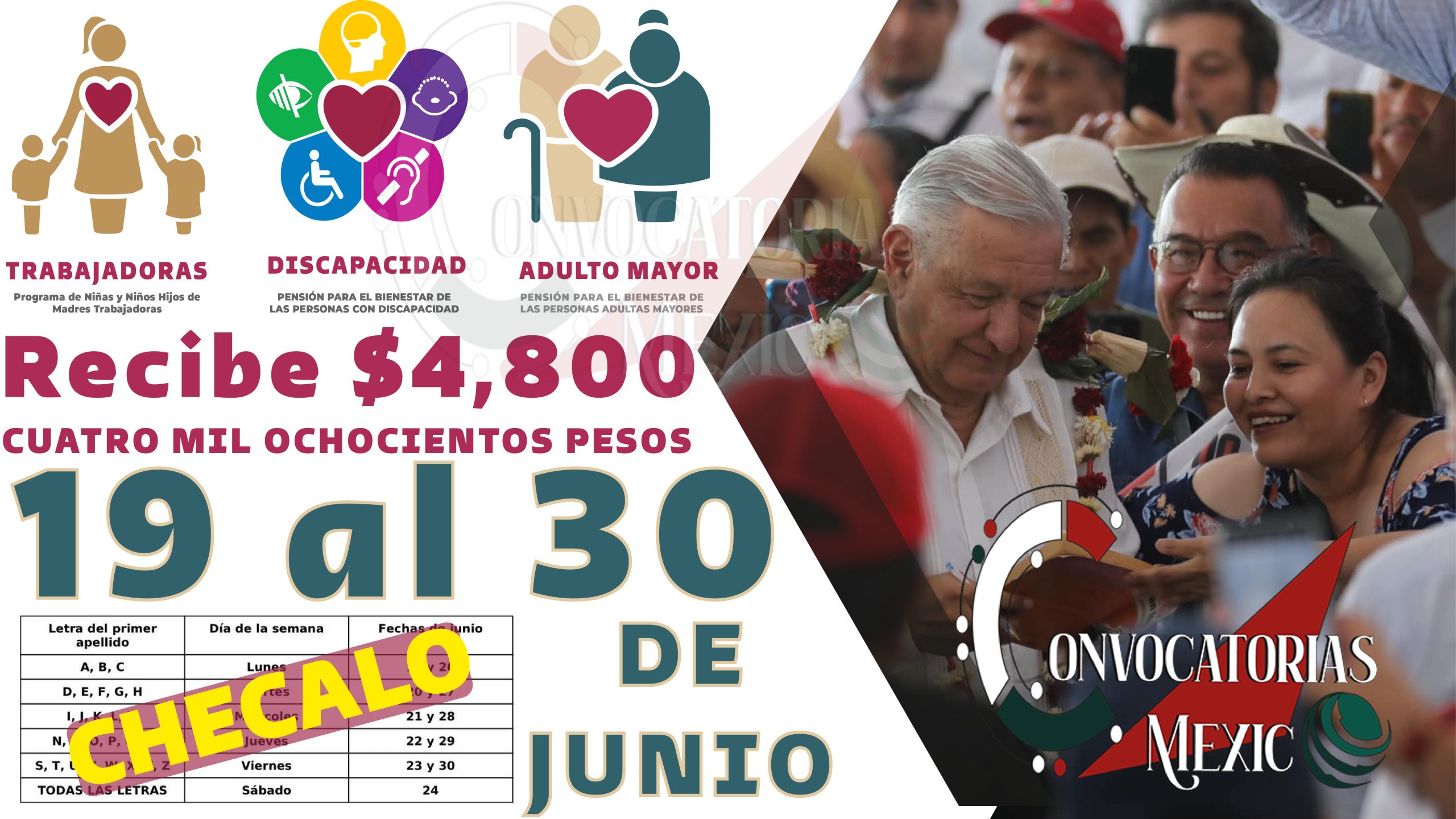 Recibe $4,800 pesos del 19 al 30 de junio de la Pensión para el Bienestar de las Personas Adultas Mayores