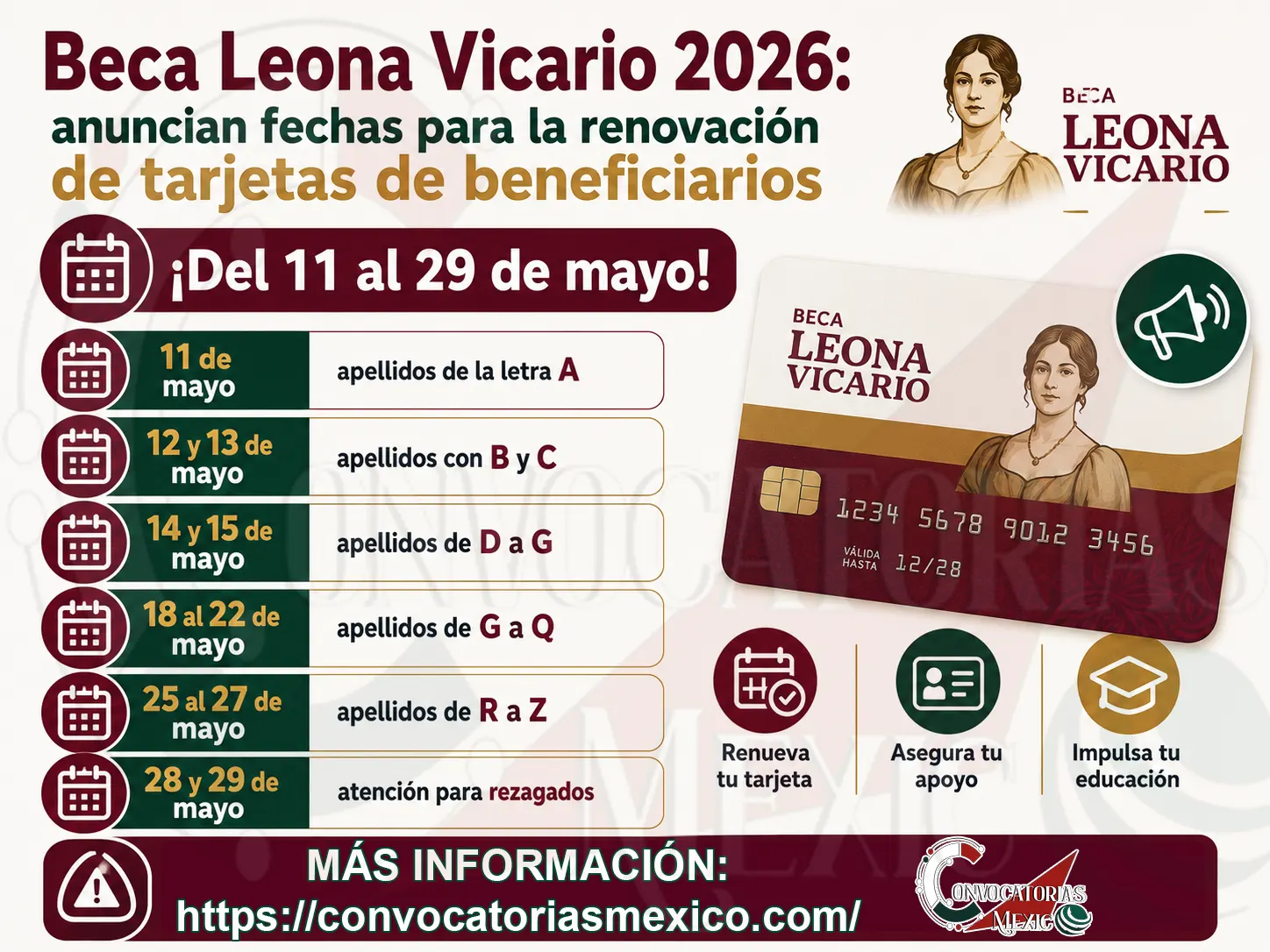 Beca Leona Vicario 2026: anuncian fechas para la renovación de tarjetas de beneficiarios