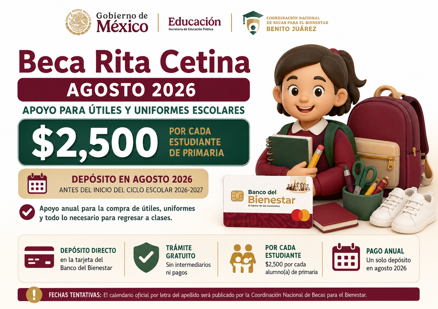 Beca Rita Cetina agosto 2026: posible calendario de pagos para útiles escolares