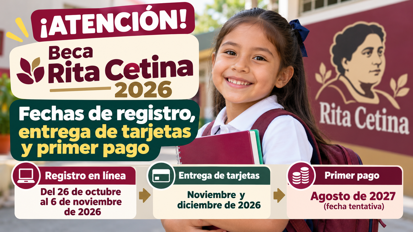 ¡ATENCIÓN! Beca Rita Cetina 2026: estas son las fechas de registro, entrega de tarjetas y primer pago para primaria