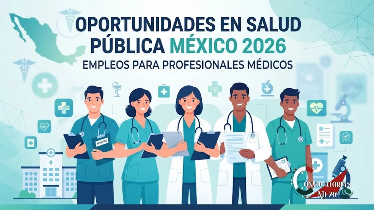Grupo de médicos y personal de enfermería listos para postularse a la bolsa de trabajo del sector salud público en México 2026.