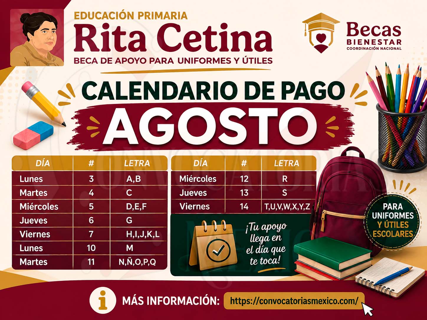 Calendario General de Pago de la Beca Rita Cetina para Primaria: Apoyo de Uniformes y Útiles ¡Consulta las Fechas del Depósito de 2,500 Pesos