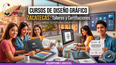 Una imagen vibrante que muestra a cuatro jóvenes sonrientes participando en un taller de diseño gráfico. Se ven laptops, tabletas de dibujo y materiales de arte sobre una mesa de trabajo. Al fondo, a través de grandes ventanas, se aprecia una vista panorámica de la ciudad de Zacatecas, México, con sus edificios coloniales y su catedral. El texto en la imagen dice "CURSOS DE DISEÑO GRÁFICO ZACATECAS: Talleres y Certificaciones. FORJA TU FUTURO CREATIVO. INSCRIPCIONES ABIERTAS".