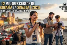 Estudiantes de fotografía realizando prácticas con cámara y trípode frente a la costa del malecón en Mazatlán, Sinaloa.