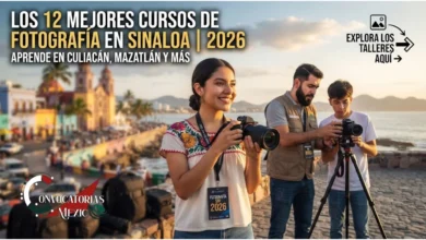 Estudiantes de fotografía realizando prácticas con cámara y trípode frente a la costa del malecón en Mazatlán, Sinaloa.