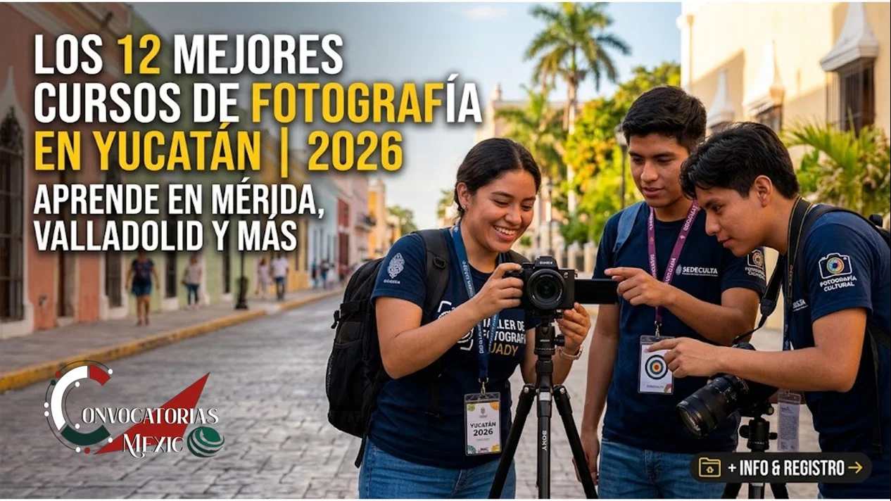 Estudiantes de fotografía revisando un encuadre en una cámara sobre trípode en una calle colonial del centro histórico de Mérida, Yucatán.