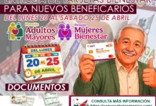 Entrega de Tarjetas Bienestar para nuevos beneficiario de las Pensiones Bienestar del 20 al 25 de abril