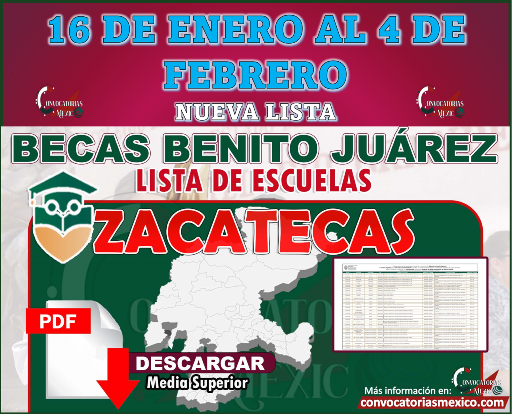 Estrategia Escuela x Escuela - ZACATECAS: Descargar Lista de Escuelas Becas Benito Juárez del 16 De Enero al 04 De Febrero 2023 en pdf