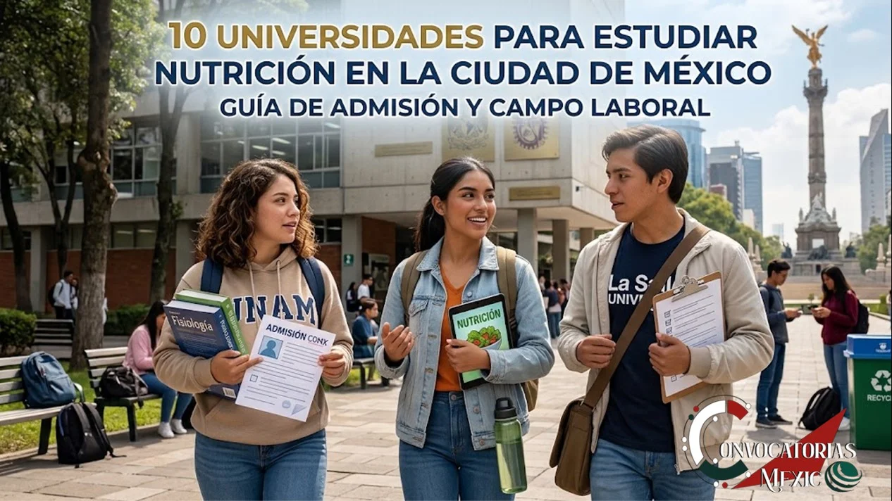Tres estudiantes universitarios felices caminando en el campus de la UNAM en CDMX, con el Ángel de la Independencia de fondo. La imagen tiene texto superpuesto en español que dice: '10 UNIVERSIDADES PARA ESTUDIAR NUTRICIÓN EN LA CIUDAD DE MÉXICO. GUÍA DE ADMISIÓN Y CAMPO LABORAL'.