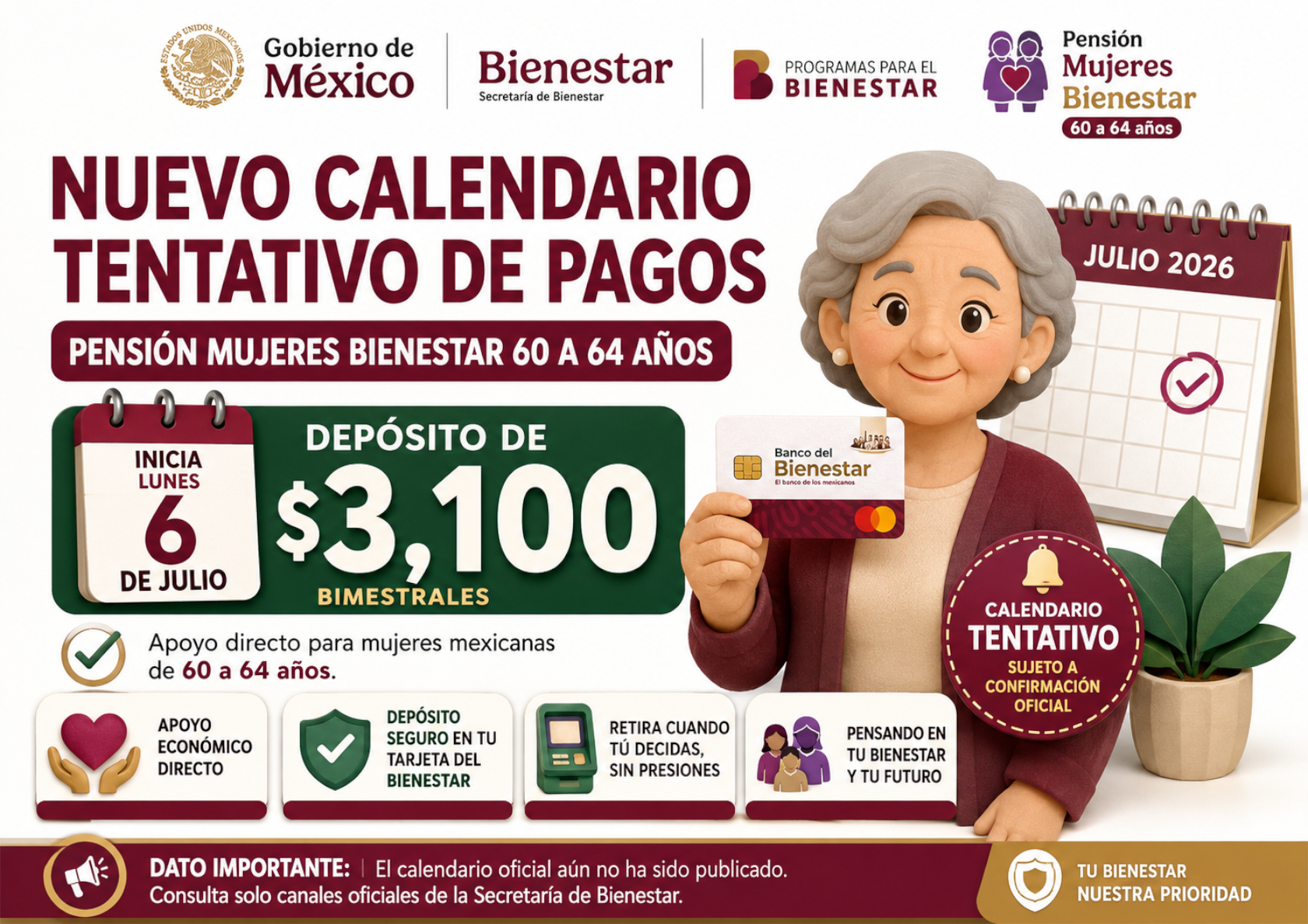 Nuevo calendario tentativo de pagos: Pensión Mujeres Bienestar 60 a 64 años podría iniciar el lunes 6 de julio