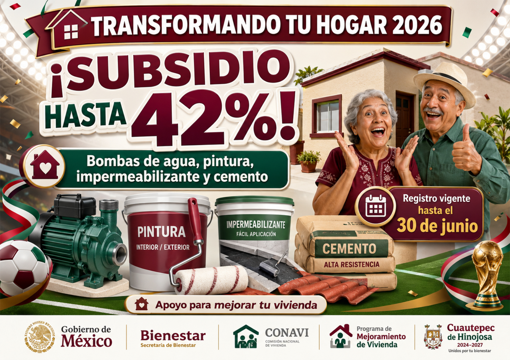 Transformando tu Hogar Cuautepec de Hinojosa 2026: subsidio de hasta 42% para bombas de agua, pintura, impermeabilizante y cemento