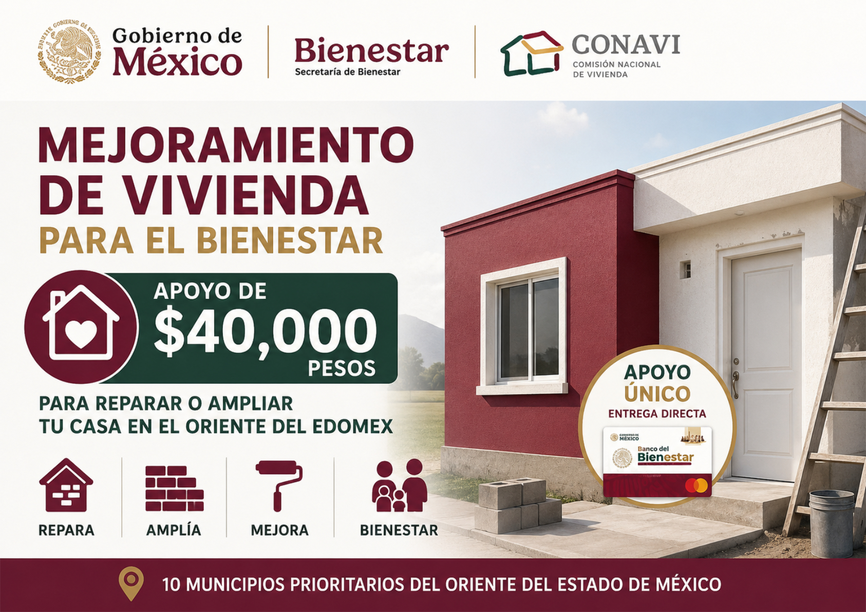 Mejoramiento de Vivienda para el Bienestar: apoyo de 40 mil pesos para reparar o ampliar casa en el Oriente del Edomex
