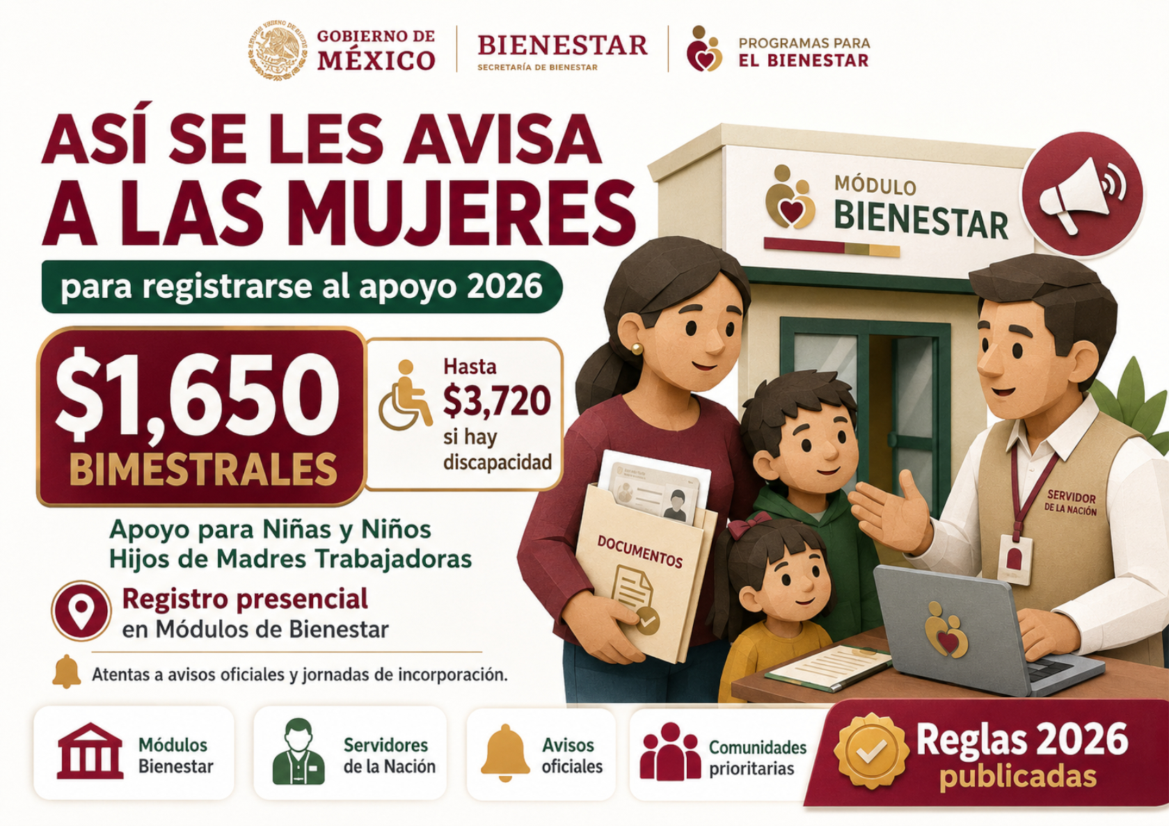 Así se les avisa a las mujeres para registrarse al Apoyo para Niñas y Niños Hijos de Madres Trabajadoras 2026