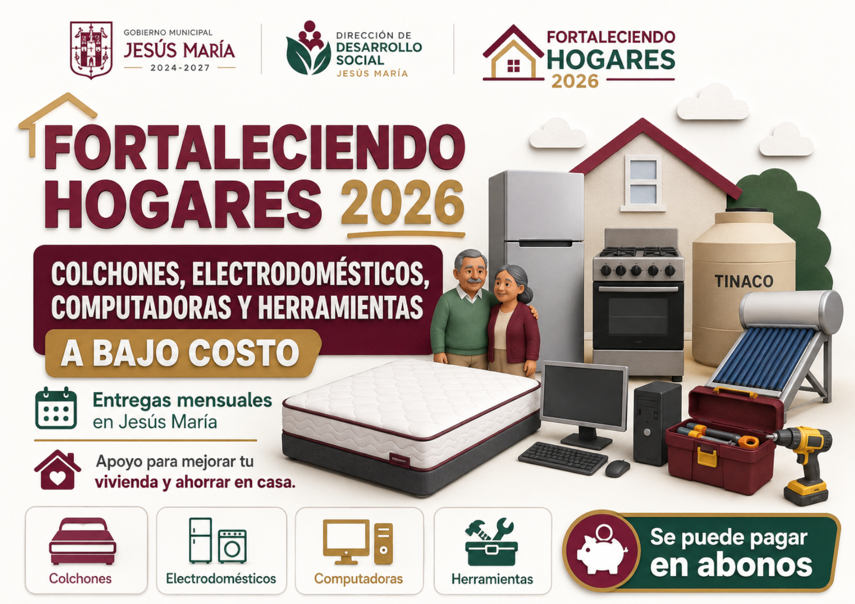 Fortaleciendo Hogares 2026 en Jesús María: colchones, electrodomésticos, computadoras y herramientas a bajo costo