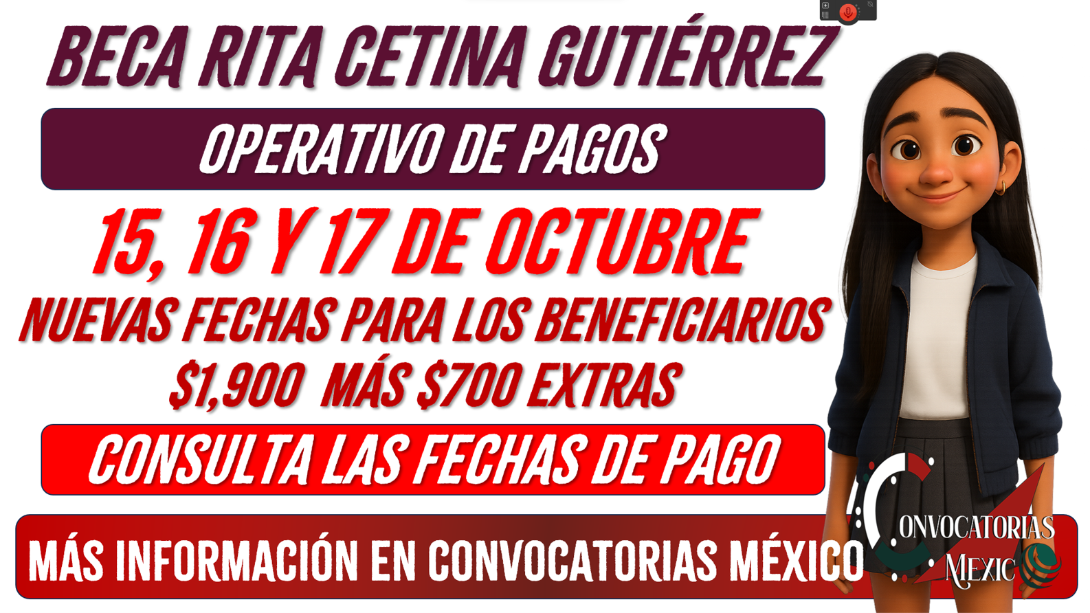 Pagos del 15, 16 y 17 de octubre de la Beca Rita Cetina Gutiérrez 2025