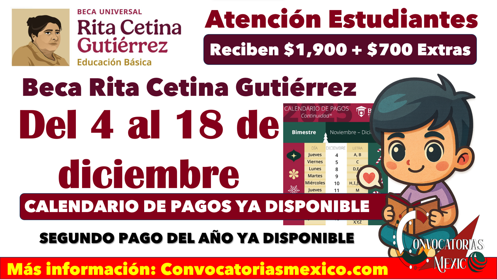 4 al 18 de diciembre Calendario de pagos por apellidos de la Beca Rita Cetina Gutiérrez 2025