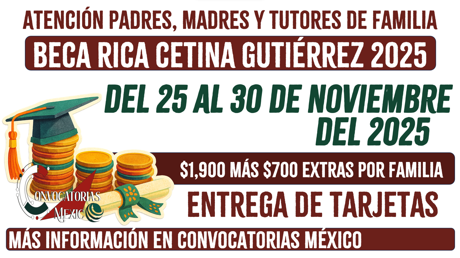 25 al 30 de noviembre entrega de tarjetas de la Beca Benito Juárez 2025