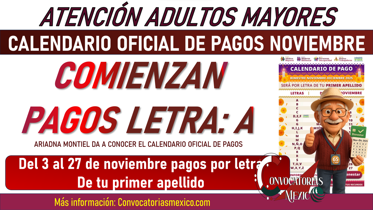 Pensión Bienestar 65 y más calendario noviembre–diciembre 2025 por inicial del apellido