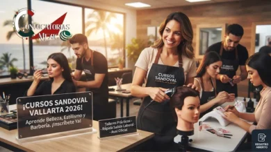 Alumnos tomando un taller práctico de estilismo, belleza y barbería en las instalaciones de Cursos Sandoval en Puerto Vallarta.