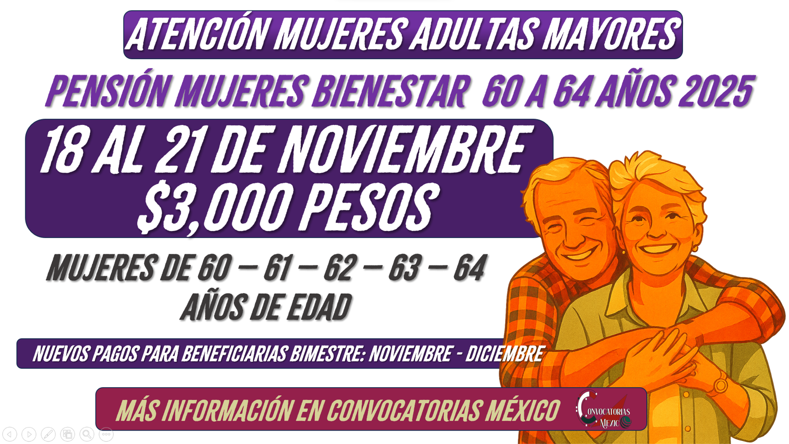 $3,000 pesos del 18 al 21 de noviembre de la Pensión Mujeres Bienestar 2025