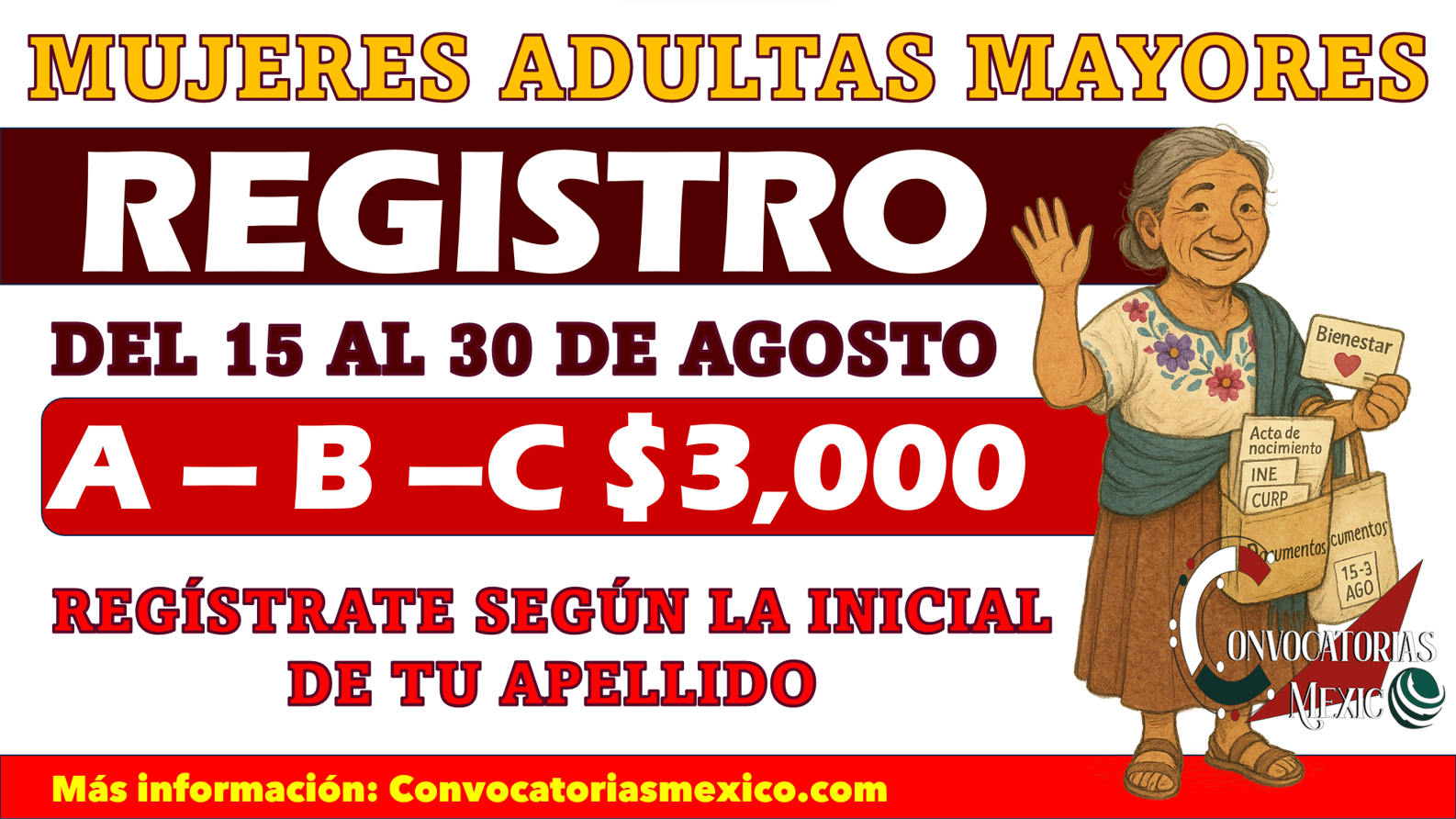 Del 15 al 30 de agosto: Nuevo registro Pensión Mujeres Bienestar recibe $3,000