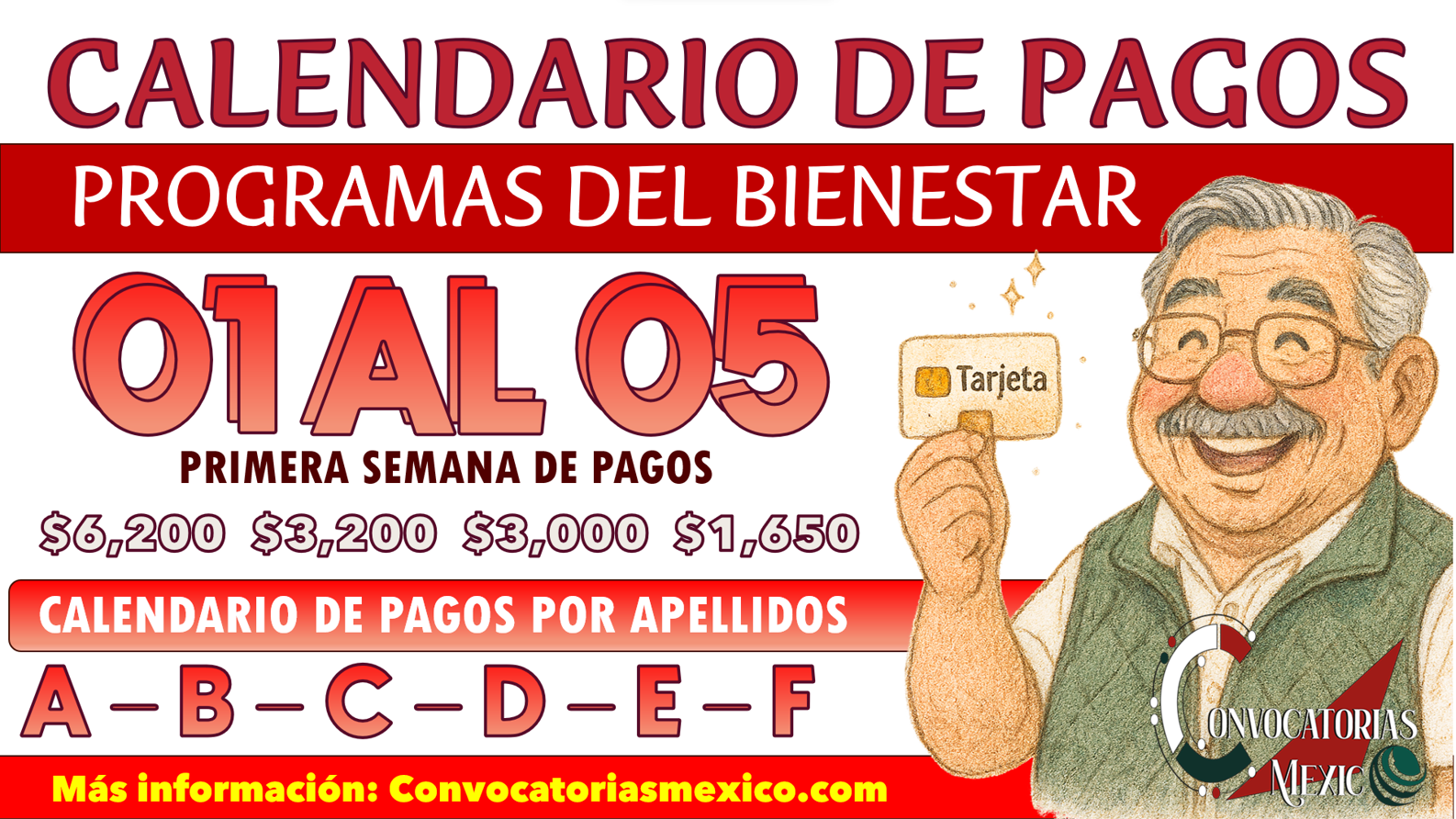 Primera semana 1 al 5 de septiembre pago de la Pensión Bienestar por Calendario de Apellidos