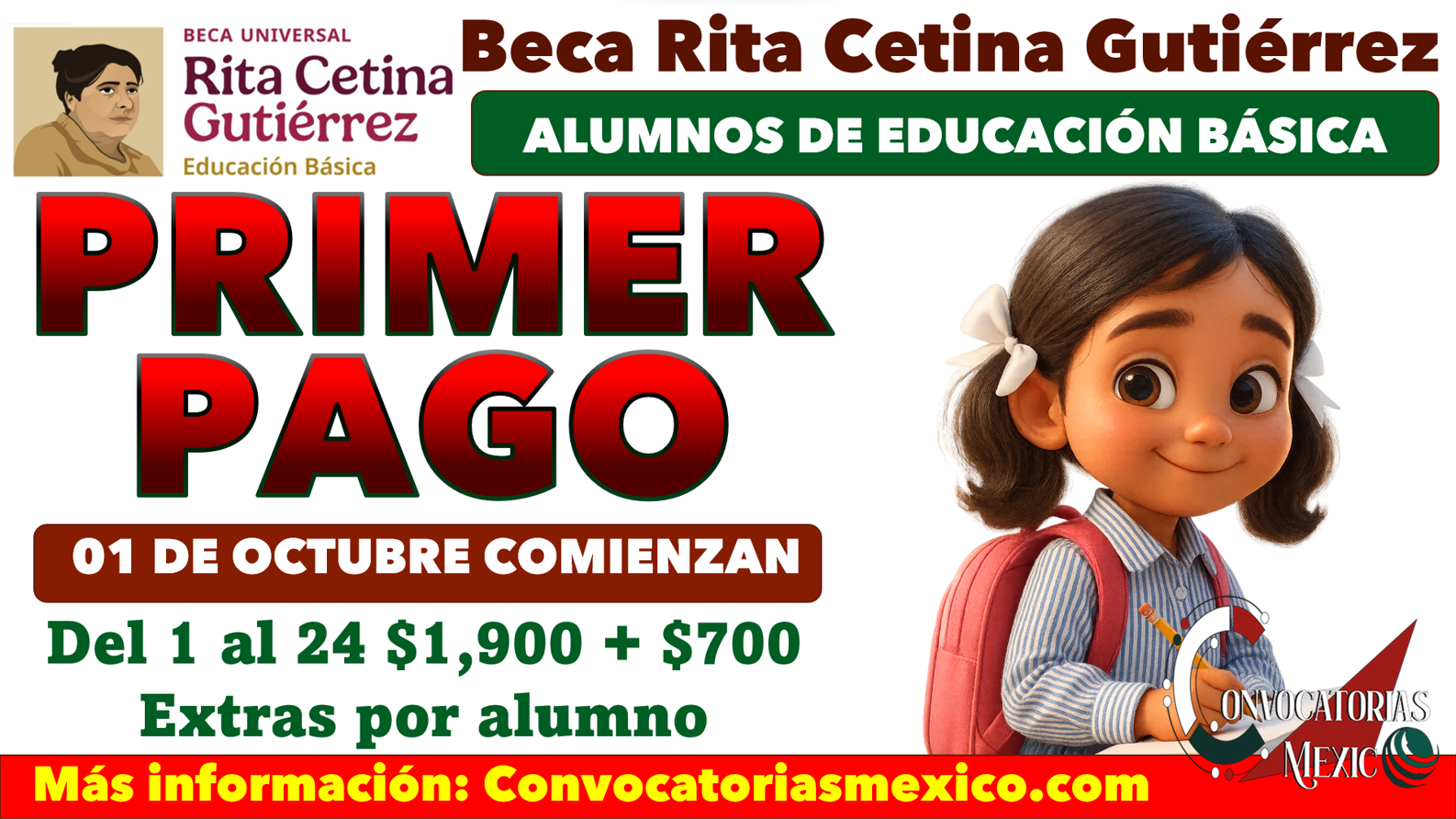 01 de octubre PRIMER PAGO $1,900 bimestrales De la Beca Rita Cetina Gutiérrez