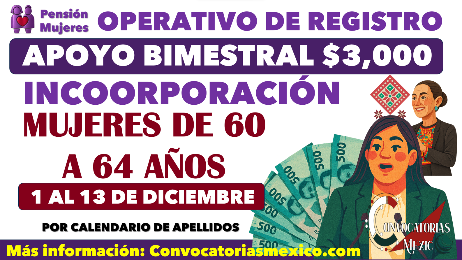 ¡EN DICIEMBRE! Calendario de registro de la Pensión Mujeres Bienestar 60 a 64 años