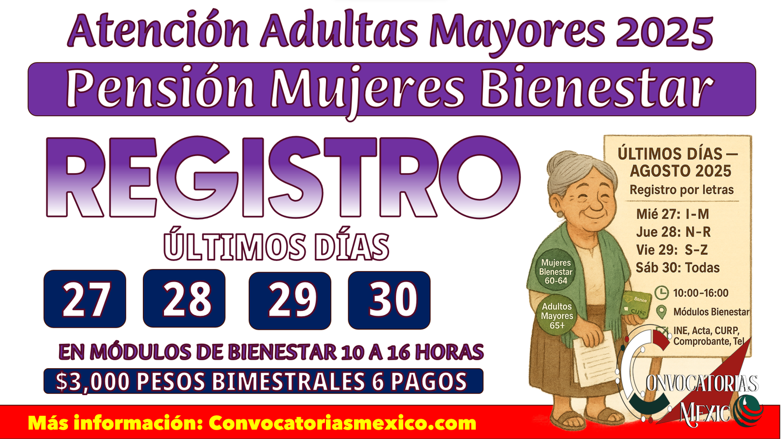¿Quiénes se registran los días 27, 28, 29 y 30 de agosto? (Mujeres 60–64 y Adultos Mayores 65+