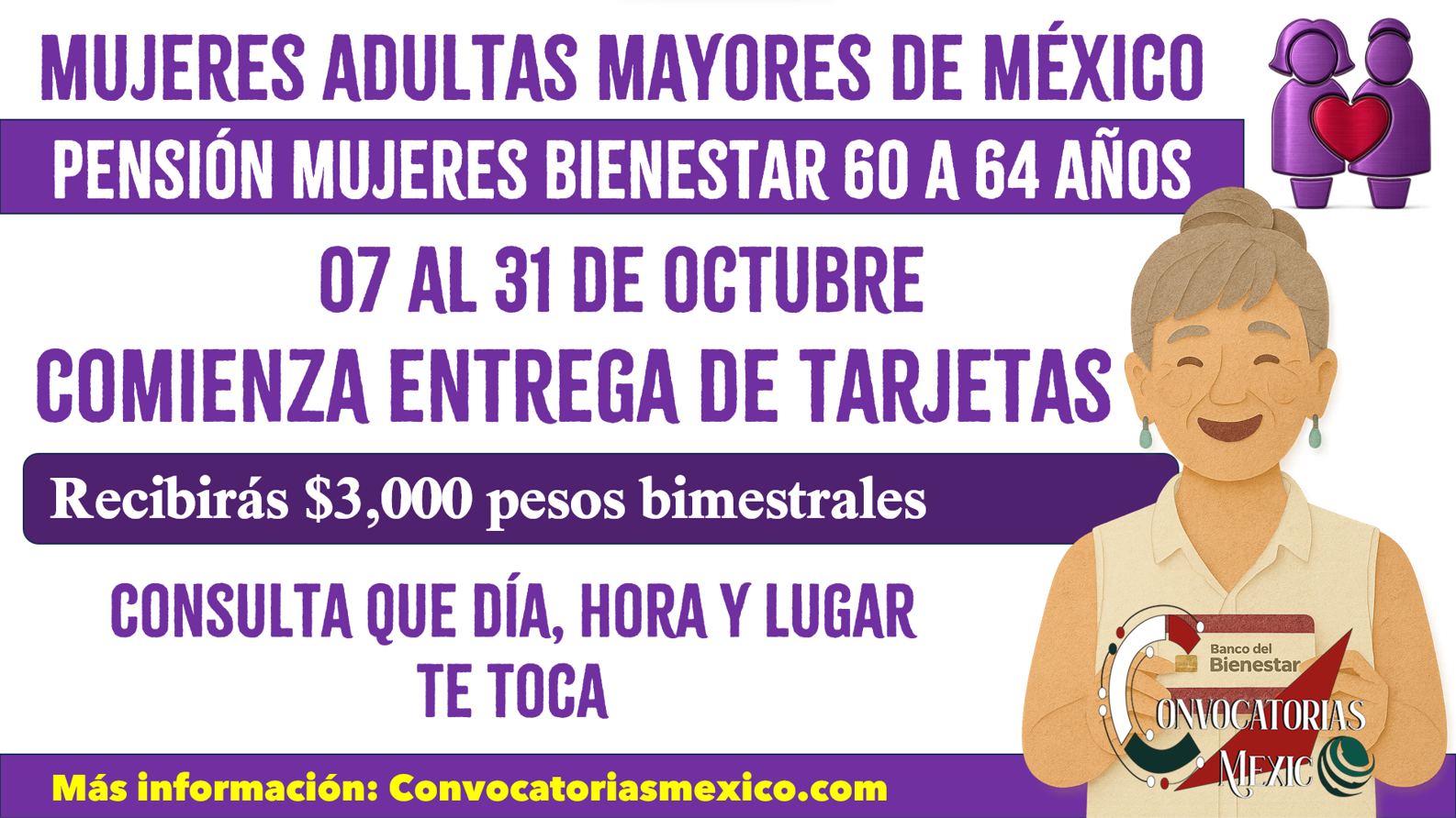 07 al 31 de octubre entrega de tarjetas de la Pensión Mujeres Bienestar 2025