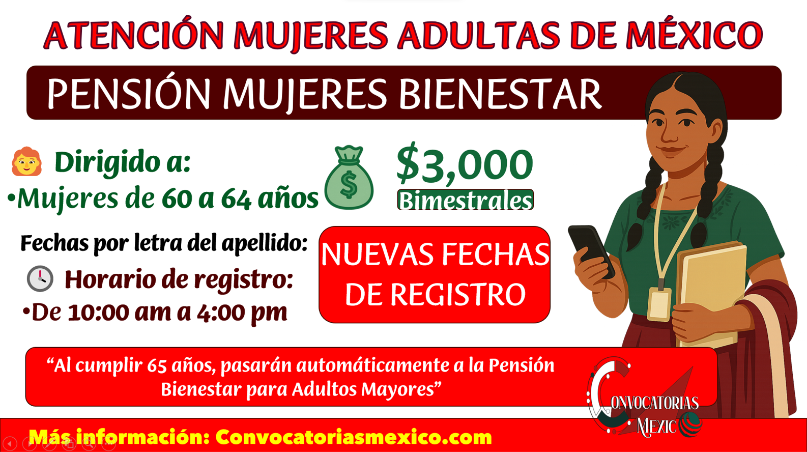 60–64 años: Fechas por apellido: A–Z Pensión Mujeres Bienestar del 18 al 30 de agosto