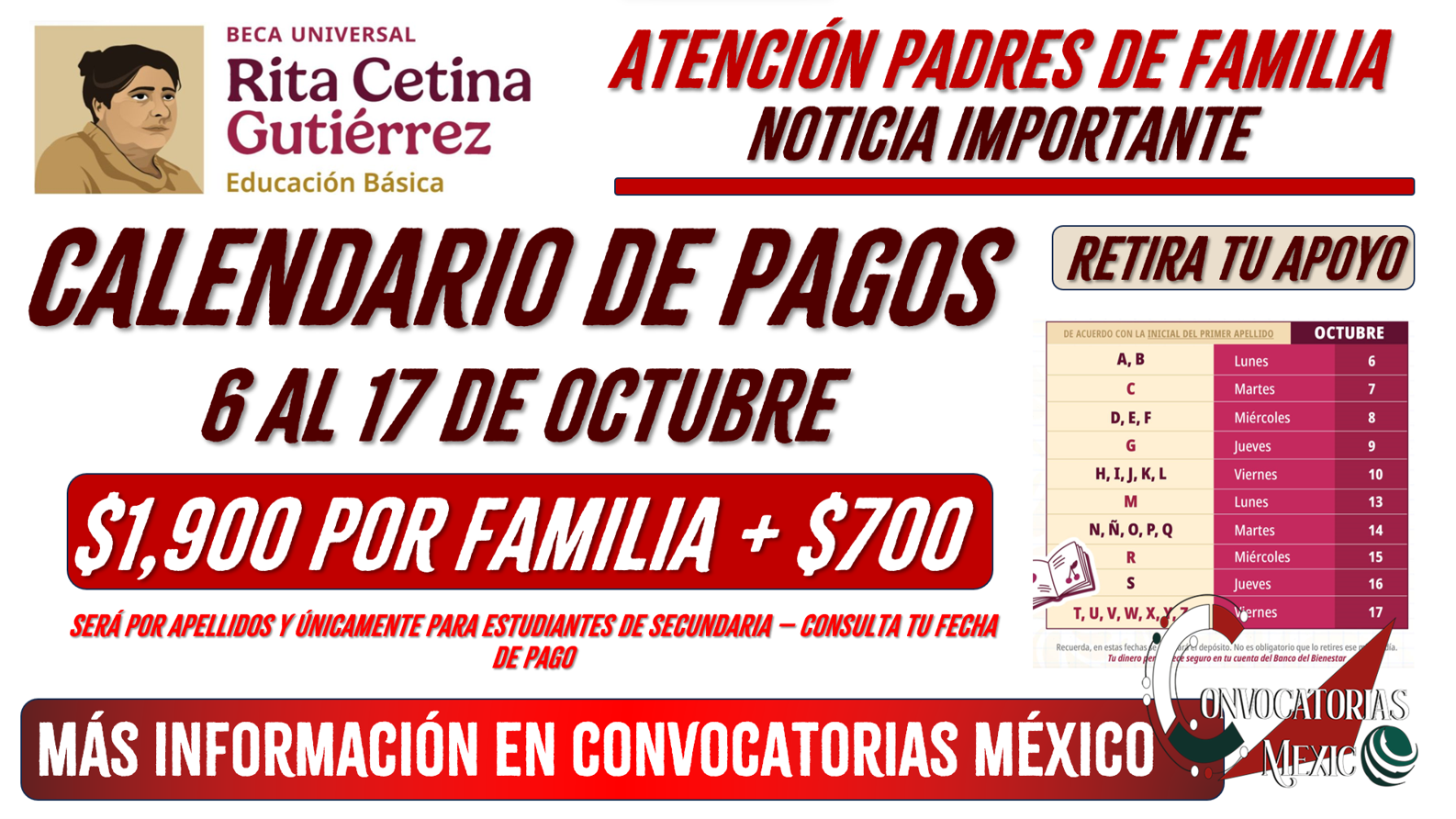 Del 6 al 17 de octubre calendario de pagos de la Beca Rita Cetina Gutiérrez 2025