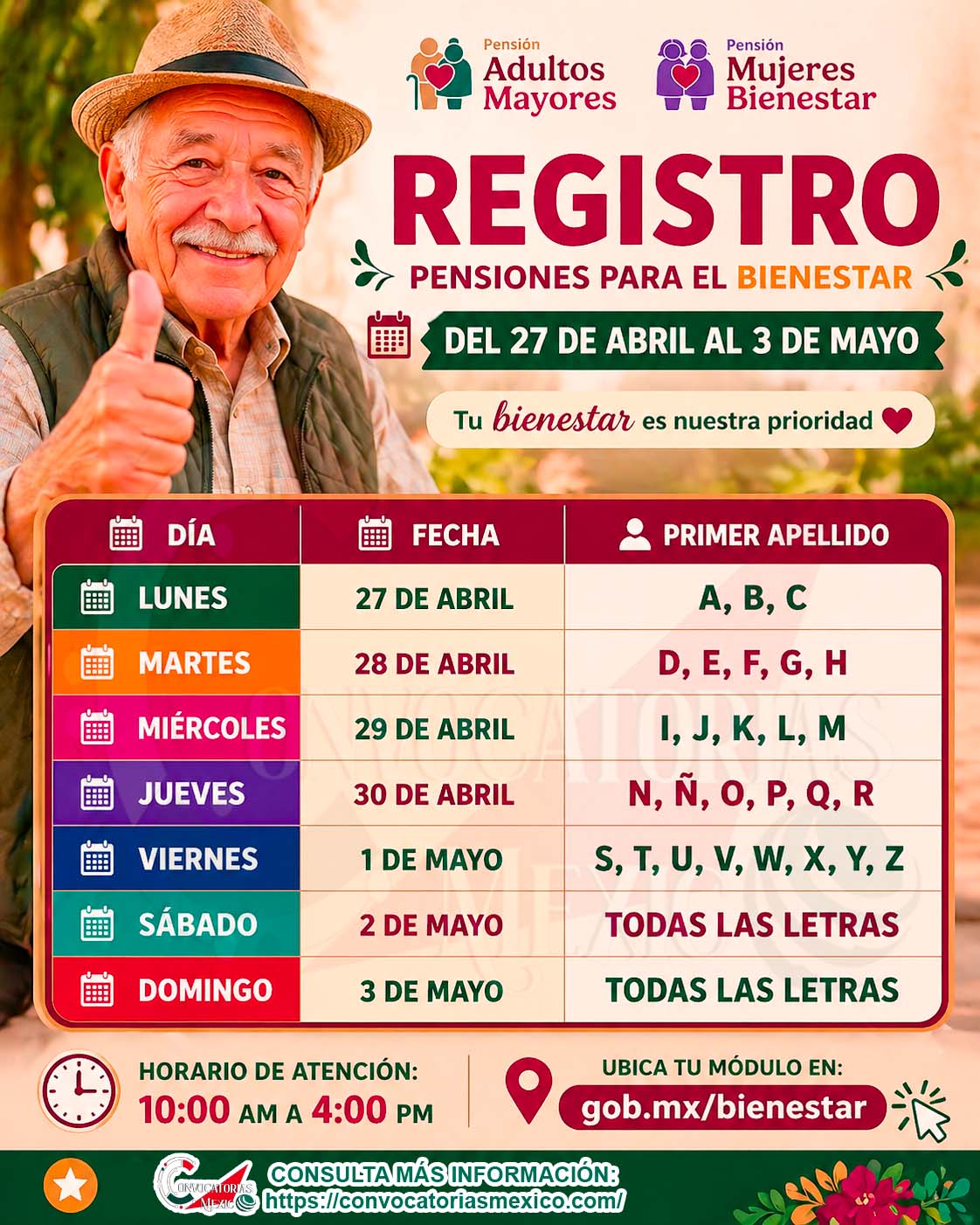 Inicia registro a pensiones del Bienestar 2026: fechas, requisitos y orden por apellido