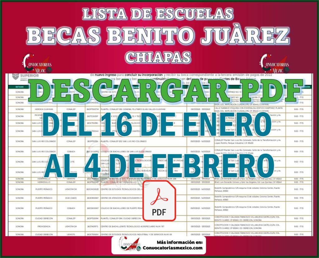 Lista de Escuelas Becas Benito Juárez Chiapas de Media Superior: Becaria y becario de Chiapas busca tu escuela en el listado del 16 de enero al 4 de febrero de 2023
