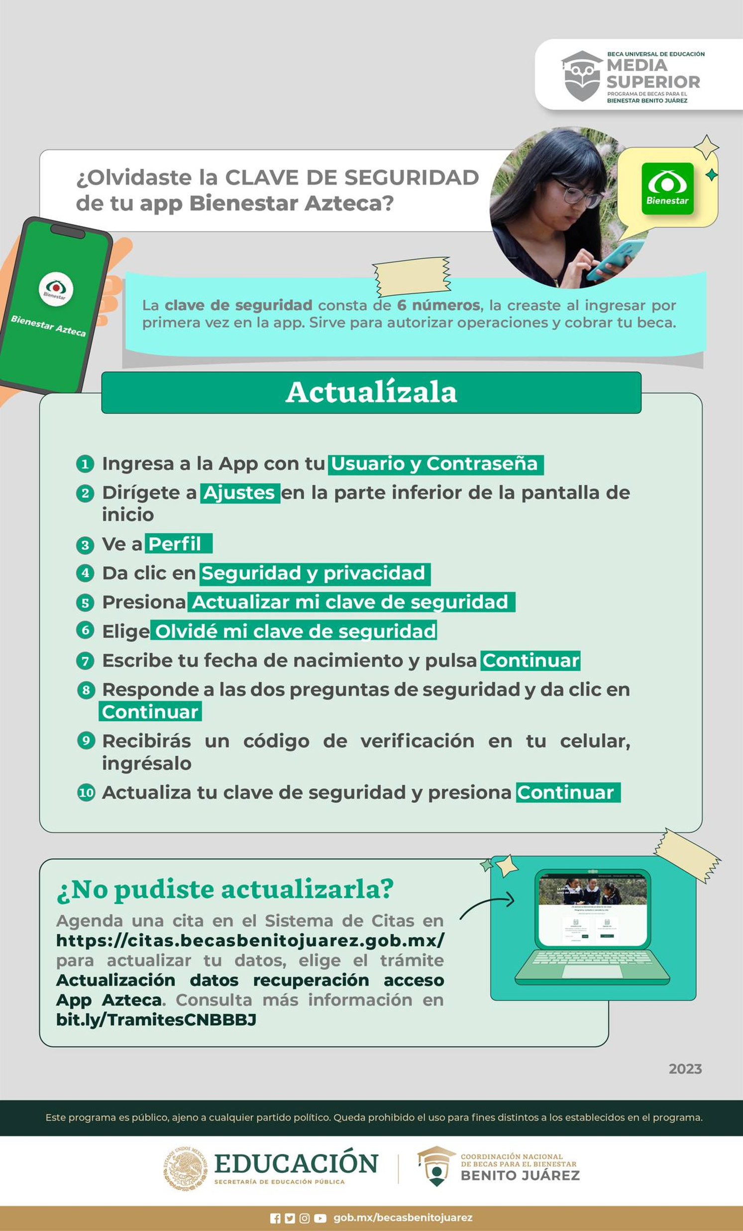 #MediaSuperior 👩‍🎓🧑‍🎓 Alumnos de la Beca Benito Juárez ¡De esta forma puedes recuperar tu 𝘾𝙇𝘼𝙑𝙀 𝘿𝙀 𝙎𝙀𝙂𝙐𝙍𝙄𝘿𝘼𝘿 de tu app Bienestar Azteca