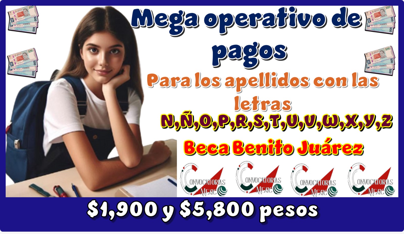 Mega operativo de pagos para los apellidos con las letras: N, Ñ, O, P, Q, R, S, T, U, V, W, X, Y, Z | Beca Benito Juárez, $1,900 y $5,800 pesos