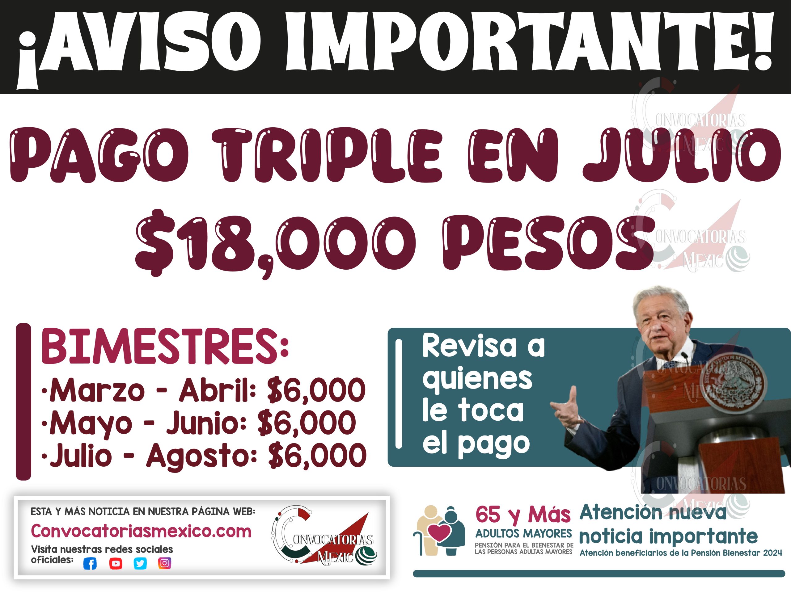 PAGO TRIPLE CONFIRMADO ¡Adultos Mayores reciben hasta 18,000 pesos de la Pensión Bienestar 2024!