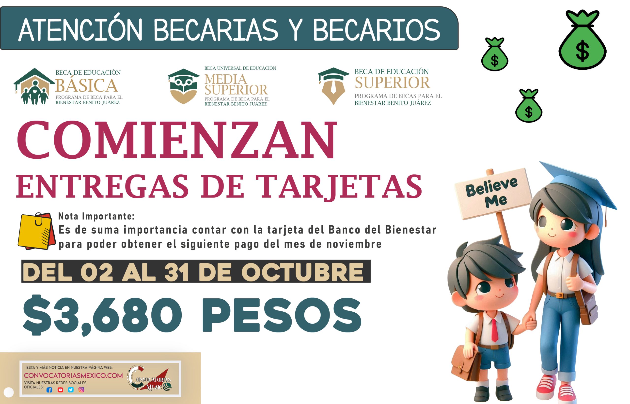 Del 02 al 31 de octubre entrega de tarjetas con pago de la Beca Benito Juárez 2024