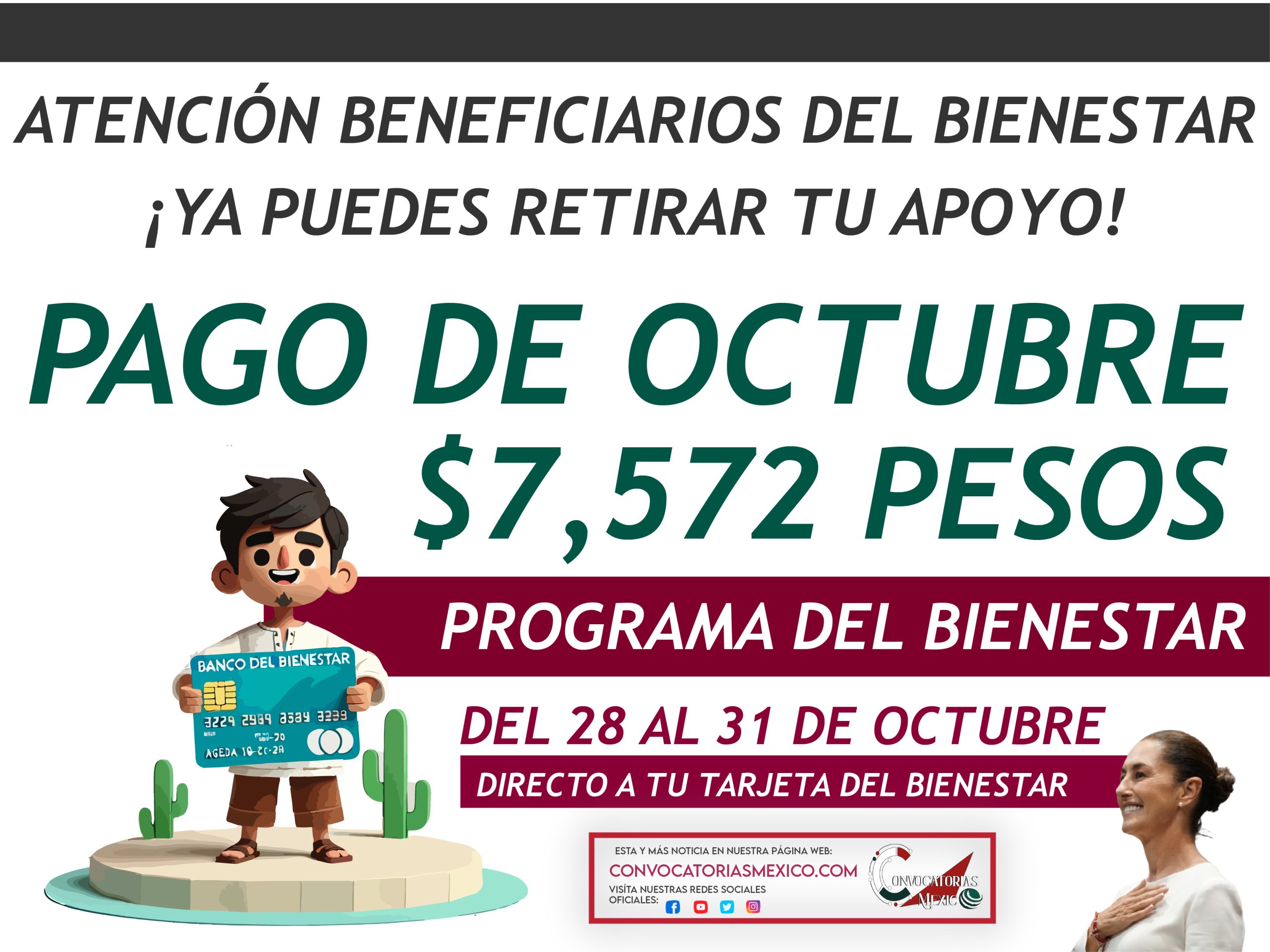 Del 28 al 31 de octubre pago de $7,572 pesos de este Programa del Bienestar 2024