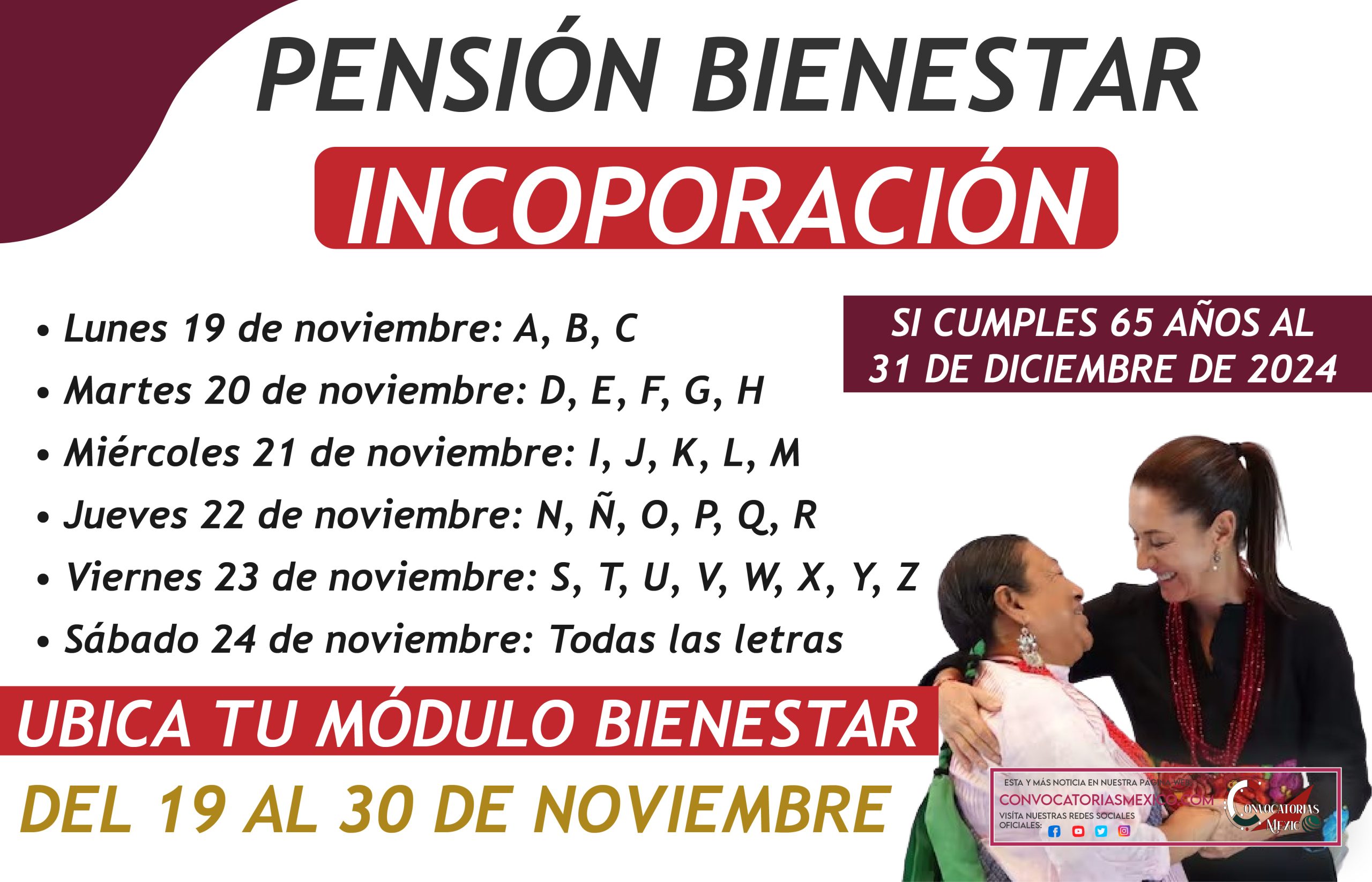 Del 19 al 30 de noviembre Nuevo calendario de registro para los adultos mayores de la Pensión Bienestar 2024