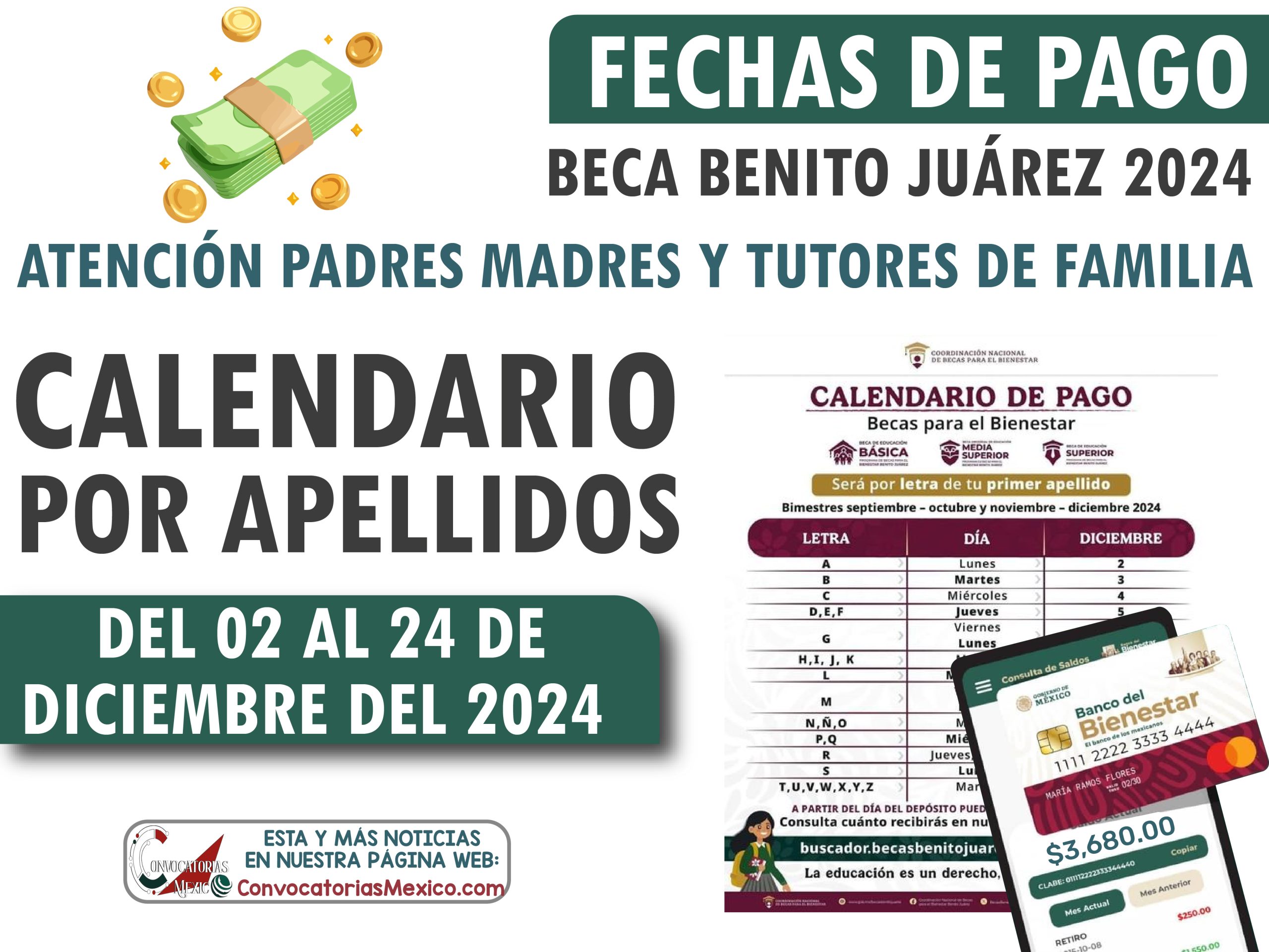 ¡POR APELLIDOS! Calendario de pagos $3,680 pesos para la Beca Benito Juárez 2024