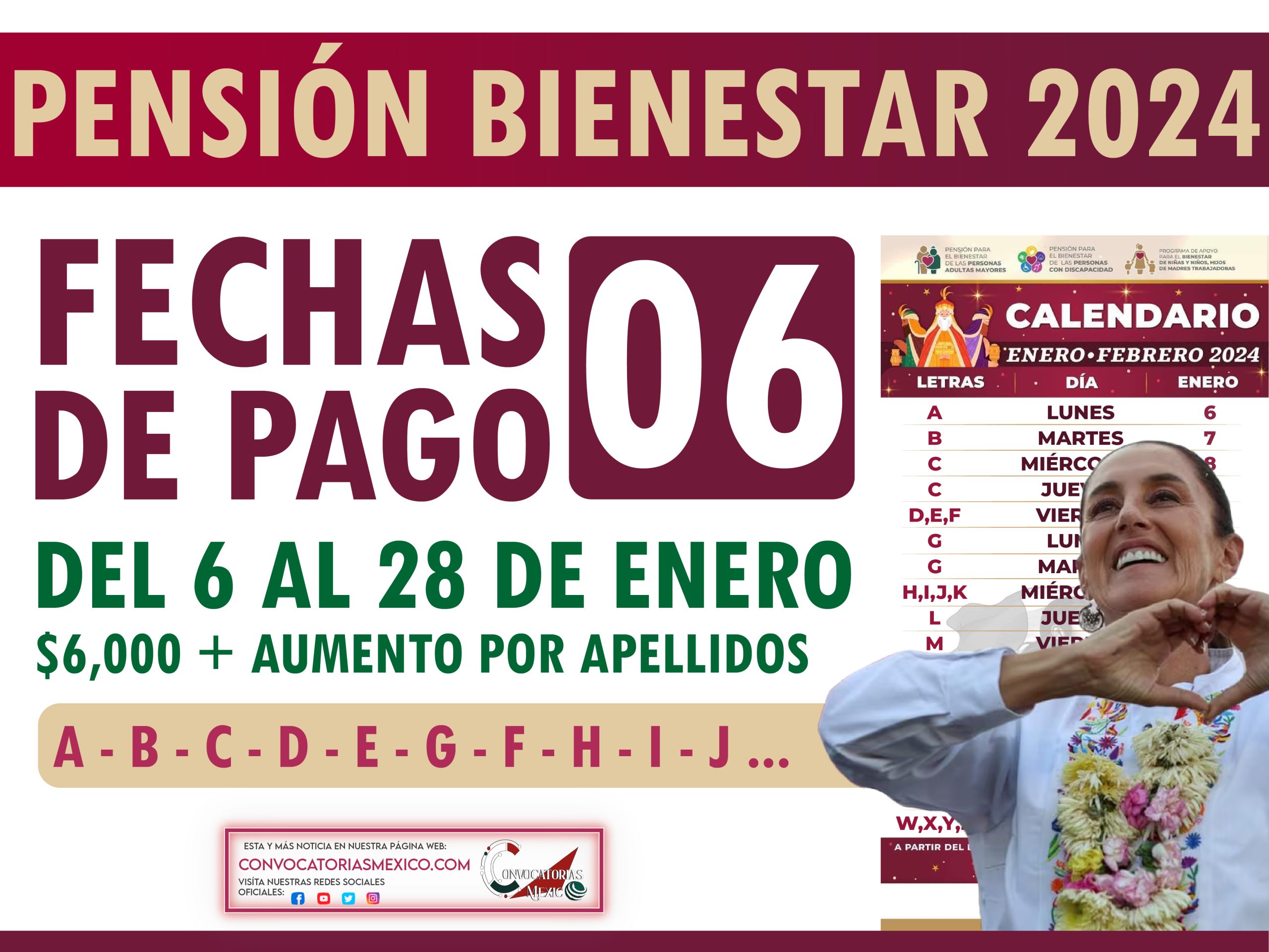Del 6 al 28 de enero calendario de pagos de la Pensión Bienestar 2024