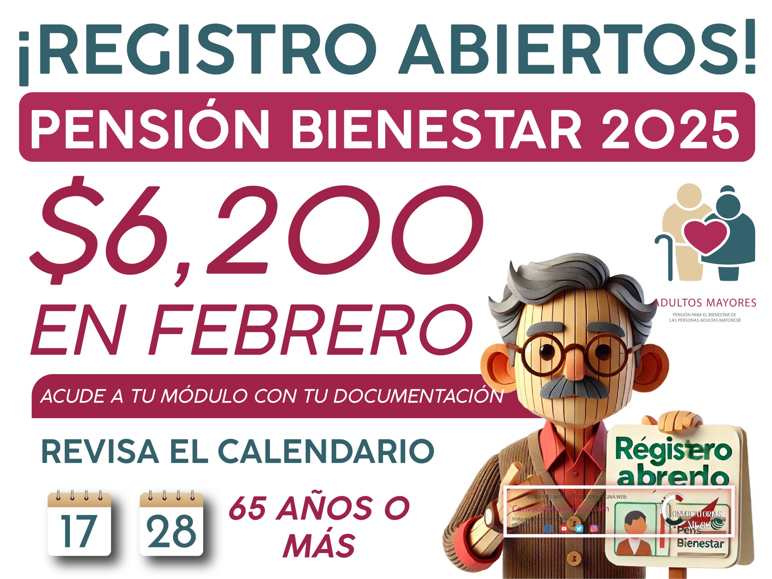 Del 17 al 28 de febrero recibe hasta $3,000 pesos de la Pensión Bienestar 2025