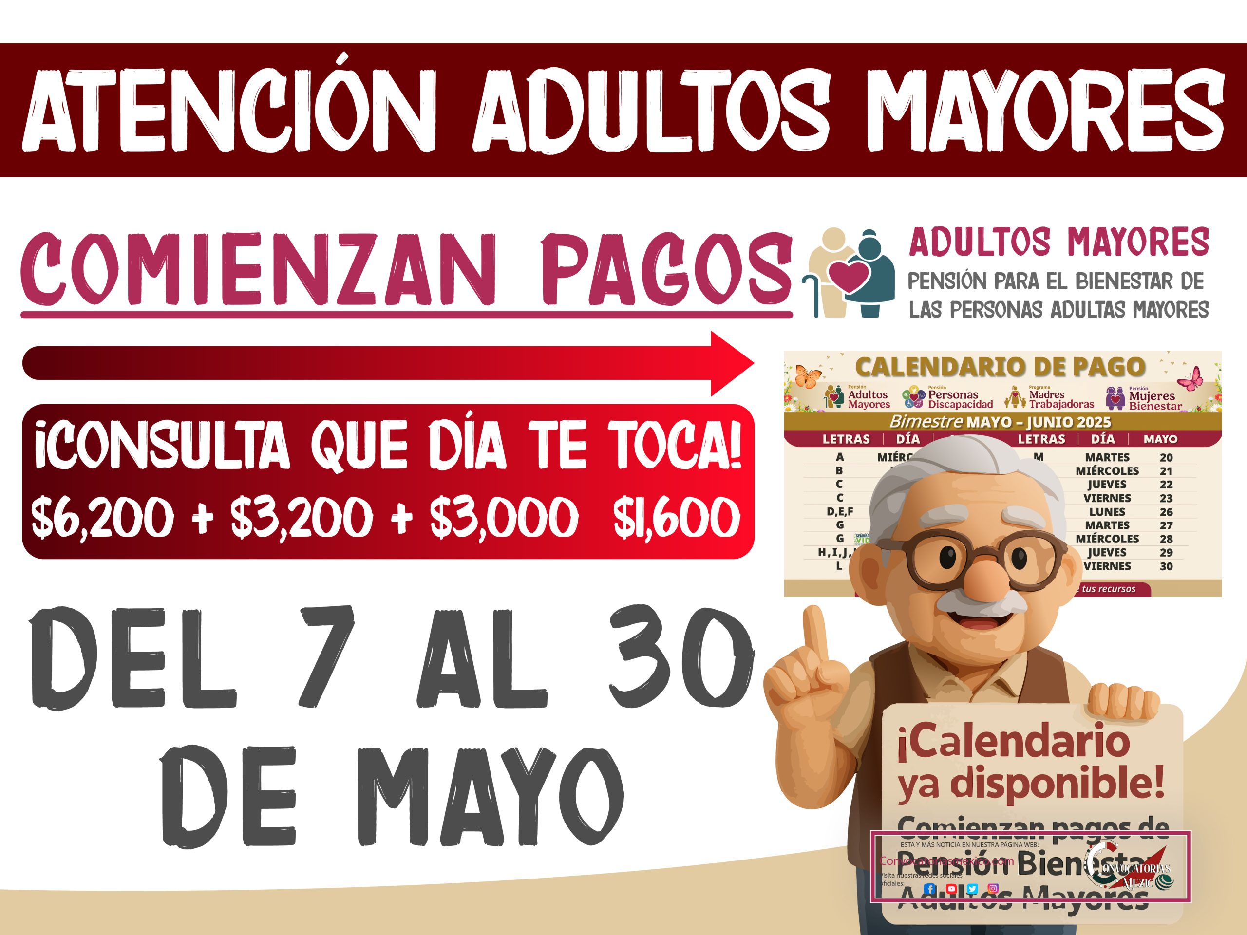 Del 7 al 30 de Mayo Comienzan pagos de la Pensión Bienestar Adultos Mayores