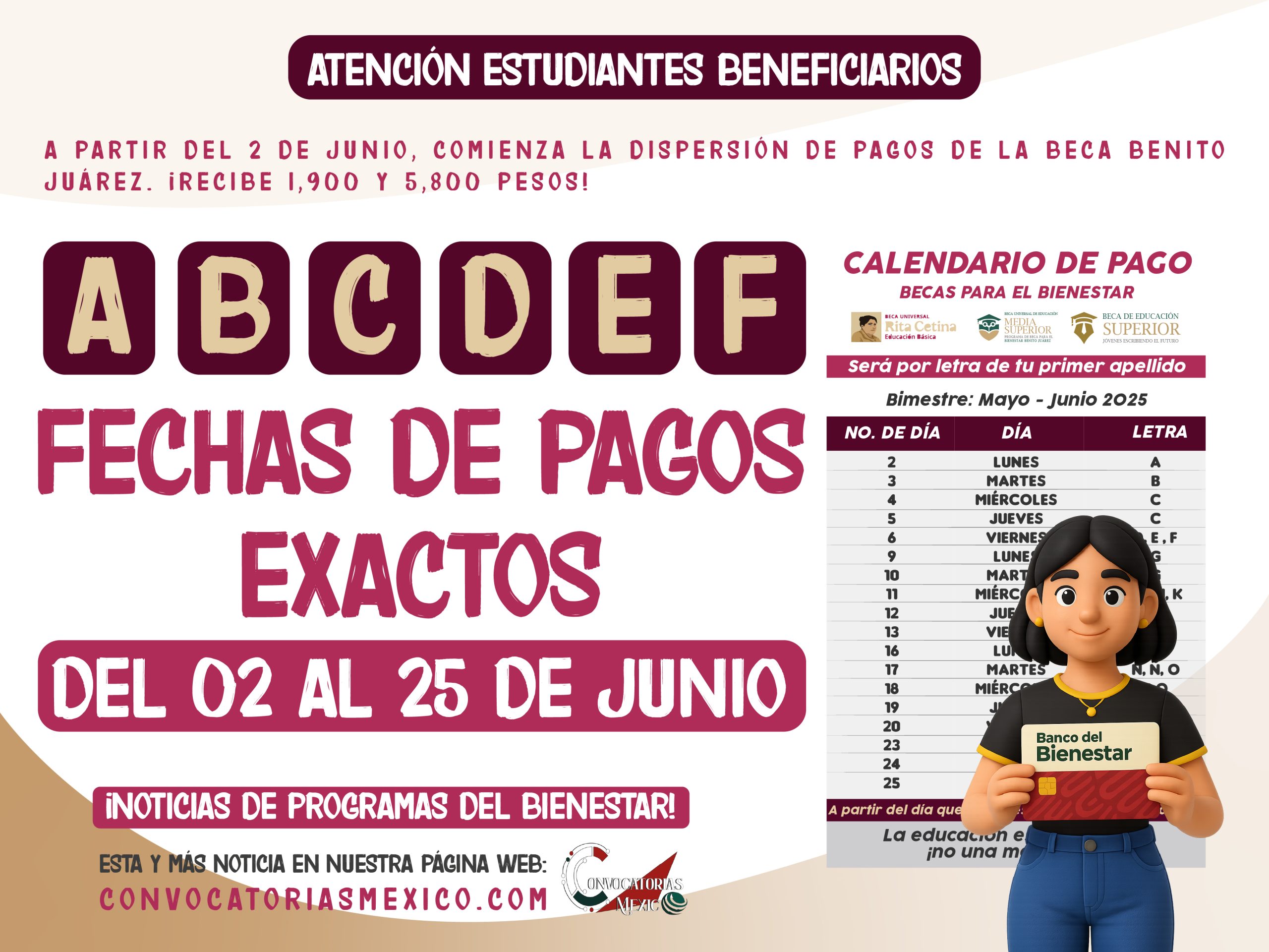 Calendario de pagos del 2 al 25 de junio pagos de 1,900 y 5,800 pesos de la Beca Benito Juárez