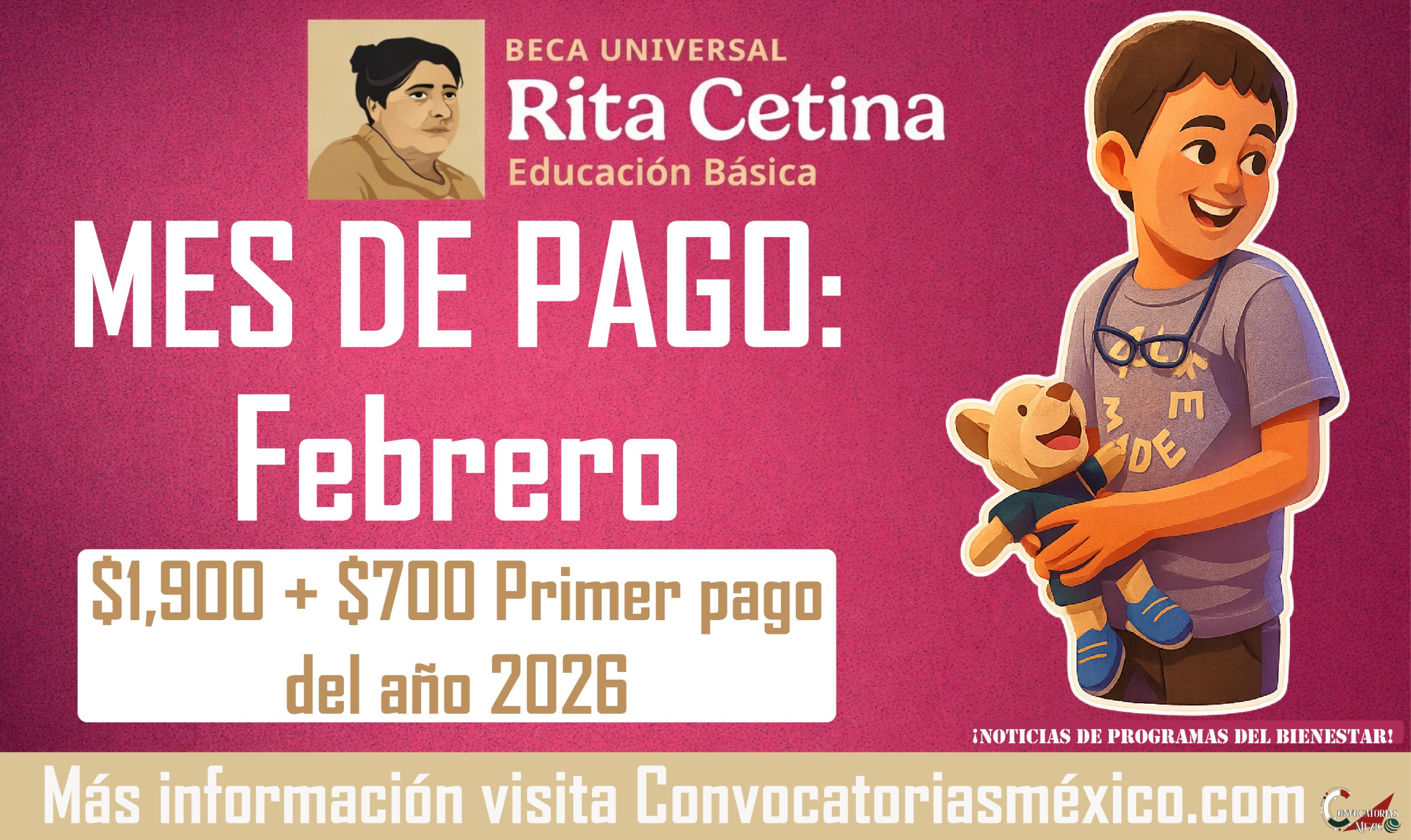 Mes de pago $1,900 + $700 extras en febrero de la Beca Rita Cetina Gutiérrez 2026
